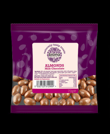 Biona Organic Milk Chocolate covered Almonds 70g - 12 Pack