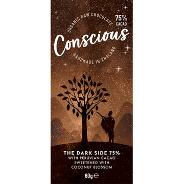 Conscious Chocolate Dark Side 75% Raw Vegan Organic Chocolate Bar 60g - 10 Pack