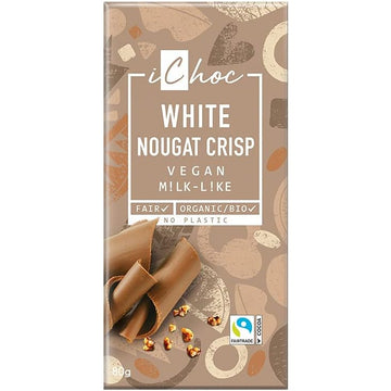 iChoc White Nougat Crisp Chocolate Vegan Organic 80g - 10 Pack